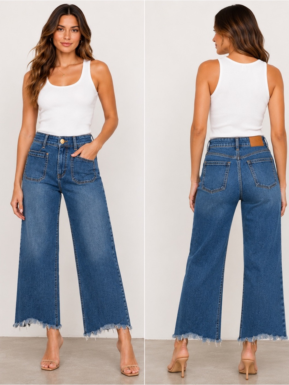 Zara High Rise Wide Leg Cropped Jeans Raw Hem Women’s Size 6 Blue Denim